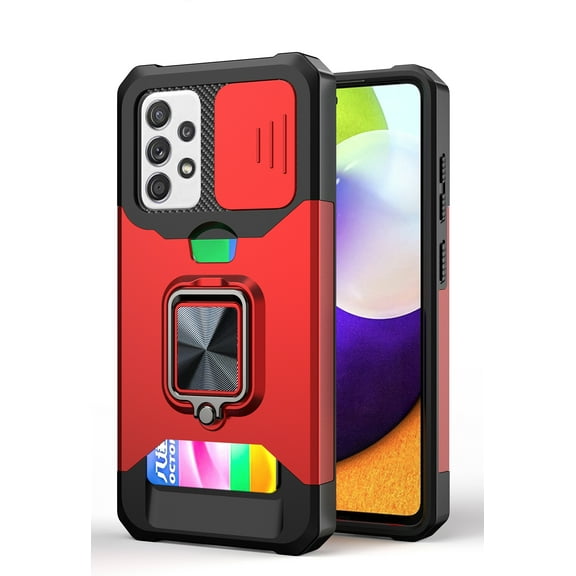 TECH CIRCLE Hard Phone Case for Samsung Galaxy A52 5G (6.5 Inch) - Sliding Cover for Camera, Silicone/Plastic Protective Composite Case, Drop Proof Rugged Cover with Kickstand /Card Holder (Red)