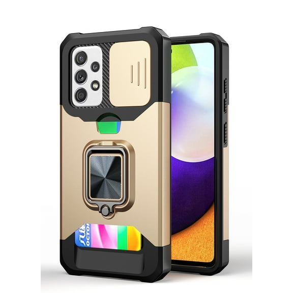TECH CIRCLE Hard Phone Case for Samsung Galaxy A72 5G (6.7 Inch) - Sliding Cover for Camera, Silicone/Plastic Protective Composite Case, Drop Proof Rugged Cover with Kickstand /Card Holder (Gold)