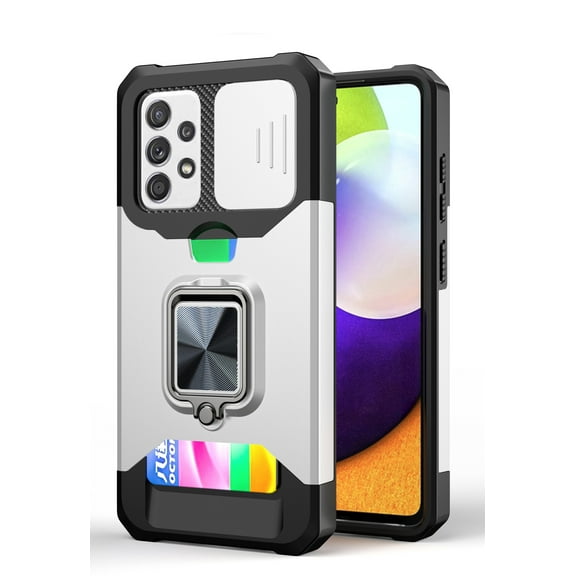 TECH CIRCLE Hard Phone Case for Samsung Galaxy S21 FE (6.5 Inch) - Sliding Cover for Camera, Silicone/Plastic Protective Composite Case, Drop Proof Rugged Cover with Kickstand /Card Holder (Silver)