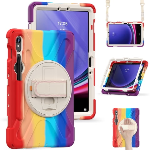 TECH CIRCLE Heavy Duty Case for Samsung Galaxy Tab S9 FE/S9 11.0 Inch 2023, Military Grade Shockproof Rugged Cover with 360° Rotatable Kickstand/Hand Shoulder Strap S Pen Holder Case, Rainbow Red