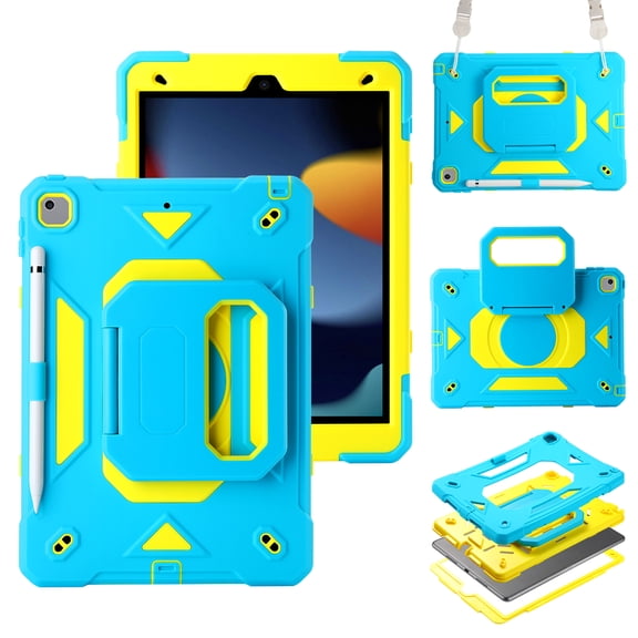 TECH CIRCLE Heavy-Duty Case for iPad 9th/8th/7th Generation (2021/2020/2019) 10.2" - Shockproof Durable Hard Case with 360 Degree Rotating Kickstand/Handle & Pen Loop & Shoulder Strap, Blue/Yellow