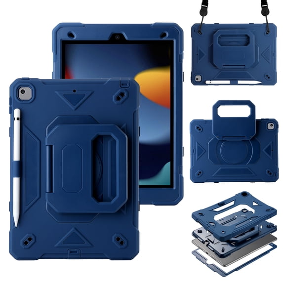 TECH CIRCLE Heavy-Duty Case for iPad 9th/8th/7th Generation (2021/2020/2019) 10.2", Shockproof Durable Rugged Hard Case with 360 Degree Rotating Kickstand/Handle & Pen Loop & Shoulder Strap, Dark Blue