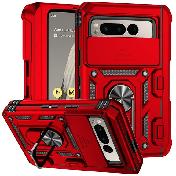 TECH CIRCLE Hybrid Armor Phone Case for Google Pixel Fold TPU+PC Case Sliding Camera Cover Military Grade Shockproof 360 Rotatable Metal Ring Holder Stand Dual Layer Protective Cover,Red