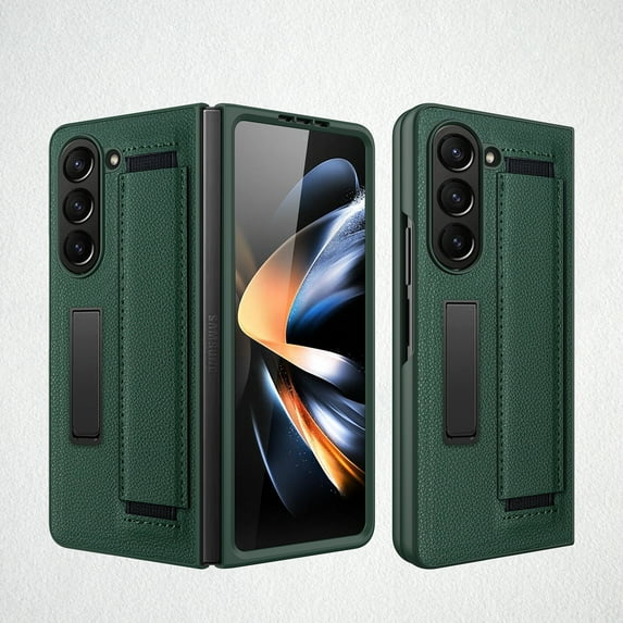 TECH CIRCLE Kickstand Case for Galaxy Z Fold 5, Slim PU Leather Shockproof Protective Stand Phone Case with Finger Strap Built-in Screen Protector for Samsung Galaxy Z Fold 5 5G 2023 7.6", Green