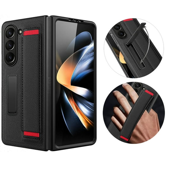 TECH CIRCLE Kickstand Case for Galaxy Z Fold 5, Slim PU Leather Shockproof Protective Stand Phone Case with Finger Strap Built-in Screen Protector for Samsung Galaxy Z Fold 5 5G 2023 7.6", Black Red
