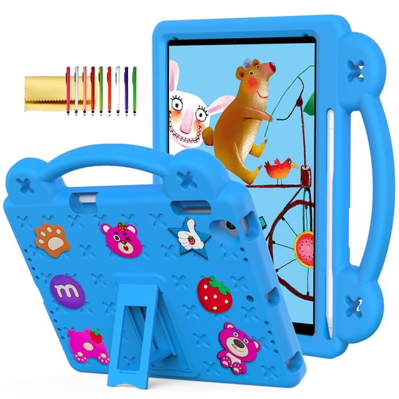 TECH CIRCLE Kids Case for iPad 9.7 Inch 6th/5th Gen 2018/2017 & iPad Air 2/1 & iPad Pro 9.7,Panda Shockproof Rugged Lightweight Pencil Holder Convertible Handles Stand Kids Friendly Case,Skyblue
