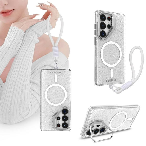 TECH CIRCLE Lanyard Phone Case for Galaxy S23 Plus 6.6", Cute Spots Transparent Back Magnetic Case with Wrist Strap, Kickstand, Compatible with MagSafe Accessories, Protective Slim Clear Cover, White