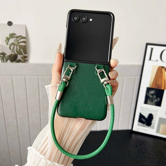 TECH CIRCLE Lanyard Phone Case for Motorala Razr 50 (2024 Release) 6.9", PU Leather Protective Case with Wrist Strap, Lightweight Slim Cover, Anti-Scratch, Shock-Absorbent, Travel-Friendly, Green