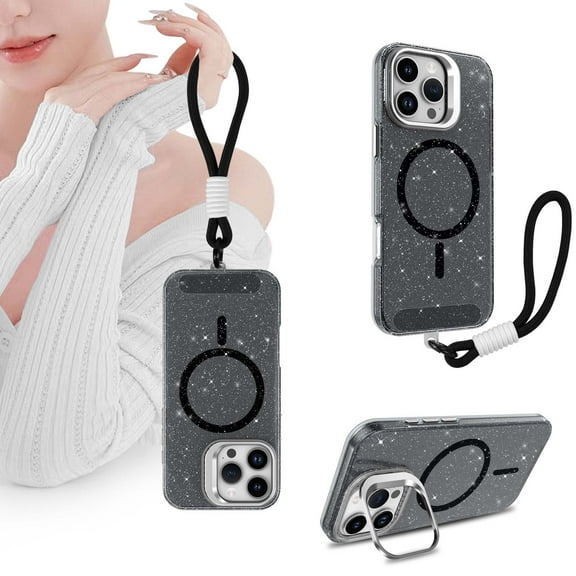 TECH CIRCLE Lanyard Phone Case for iPhone 16 Plus, Cute Spots Transparent Back Magnetic Case with Wrist Strap, Kickstand, Compatible with MagSafe Accessories, Protective Slim Clear Cover, Black