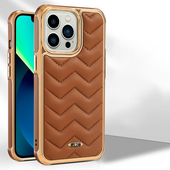 TECH CIRCLE Leather Back Panel Case for iPhone 13 Pro Max 6.7 Inch, Ultra Slim Anti-Slip Plating Frame Camera Protection Scratch Resistant Drop Resistant Case Cover, Brown