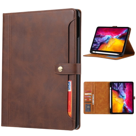 TECH CIRCLE Leather Case for (2022/2021/2020/2018) Apple 12.9-inch iPad Pro (6th/5th/4th/3rd Generation) - Smart Stand Case with Pencil Holder & Card Slots, Brown