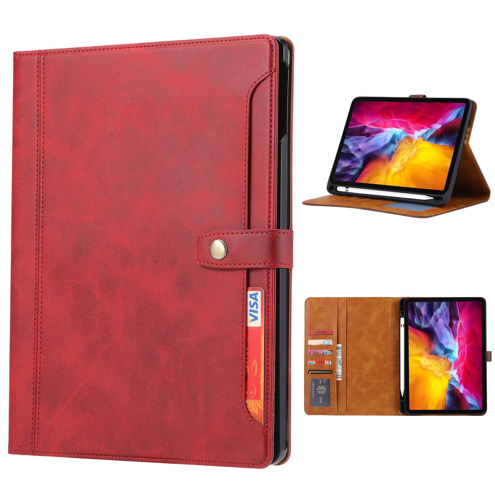 TECH CIRCLE Leather Case for (2022/2021/2020/2018) Apple 12.9-inch iPad Pro (6th/5th/4th/3rd Generation) - Smart Stand Case with Pencil Holder & Card Slots, Red