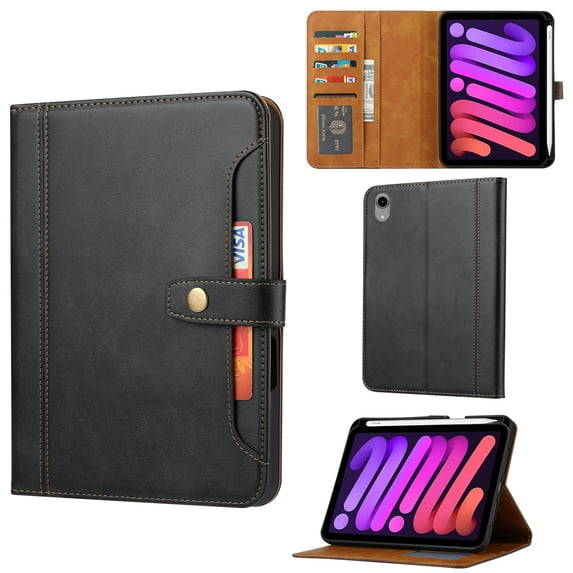 TECH CIRCLE Leather Case for 2021 iPad Mini (6th Generation) - Smart Stand Case with Pencil Holder & Card Slots, Black