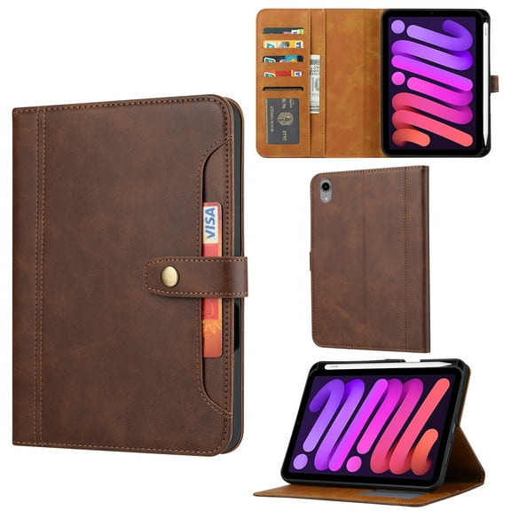 TECH CIRCLE for iPad Mini 8.3" (A17 Pro), iPad Mini 6 8.3" (6th Gen) Smart Folio Case, Auto Sleep Wake, Built-in Stand, Pencil Holder, Card Slots, Cash Slots, Classic PU Leather Flip Cover, Brown