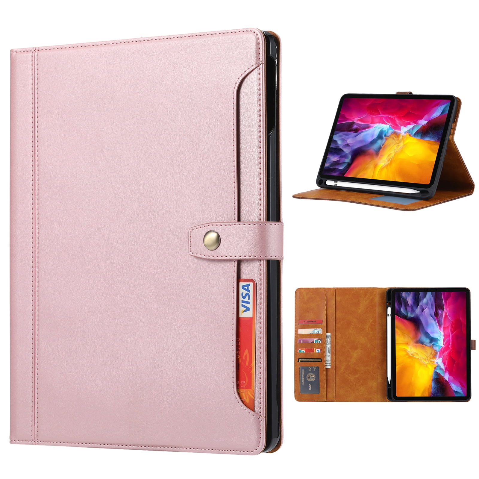 TECH CIRCLE Leather Case for (2022/2021/2020/2018) Apple 11-inch iPad Pro - Smart Stand Case with Pencil Holder & Card Slots, Pink