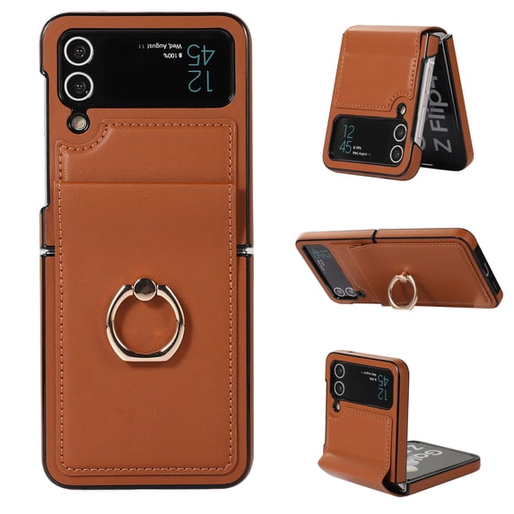 TECH CIRCLE Leather Case for Galaxy Z Flip 4 2022 (6.7 inch) - Shockproof Classic Case with Phone Ring Holder, Brown