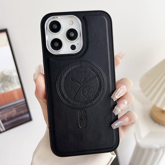 TECH CIRCLE Leather Case for iPhone 13 Pro (6.1") 2021 - Premium PU Leather/Silicone Case [Compatible with Magsafe] [Cute Clock Design] Protective Lightweight Back Cover Phone Case, Black
