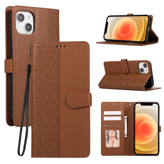TECH CIRCLE Leather Case for iPhone 14 (6.1") 2022 - Lightweight Folio Functional Phone Case with Stand/Card Slots/Wrist Strap, Protective Slim Cover, Brown