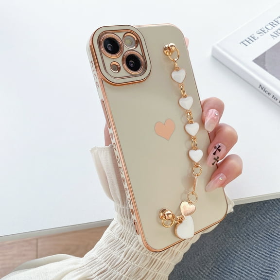 TECH CIRCLE Love Heart Chain Case for iPhone 13 Pro 6.1 Inch, Slim Sparkle Bling Electroplated Frame Camera Lens Protection Case for Girls Women for iPhone 13 Pro,White