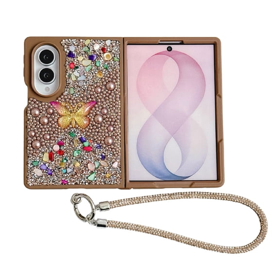 TECH CIRCLE Luxury Bling Butterfly Decoden Case for Samsung Galaxy Z Fold 8, with Rhinestone Wrist Strap, Cute Sparkly 3D Faux Pearl Protective Phone Case, Gold