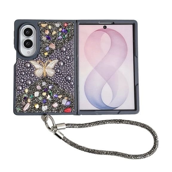 TECH CIRCLE Luxury Bling Butterfly Decoden Case for Samsung Galaxy Z Fold 8, with Rhinestone Wrist Strap, Cute Sparkly 3D Faux Pearl Protective Phone Case, Gray