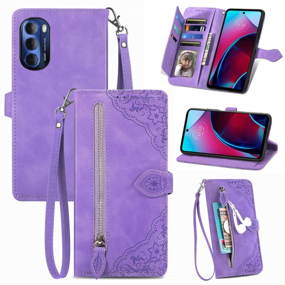 TECH CIRCLE MOTO G pure 2021 Wallet Case,Embossed Flower PU Leather Folio Flip Protective Zipper Cover with Wrist Strap RFID Blocking Card Holder Kickstand Case for MOTO G pure 2021 6.5",Purple