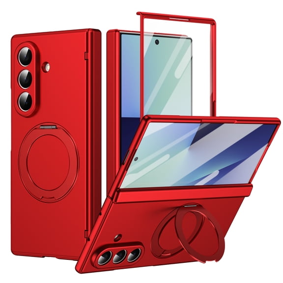 TECH CIRCLE Magnetic Case for Samsung Galaxy Z Fold 8 Ultra,Hinge Protection PC Case Built-in Front Screen Protector Compatible with Mag Safe Ring Holder Kickstand Cover - Red