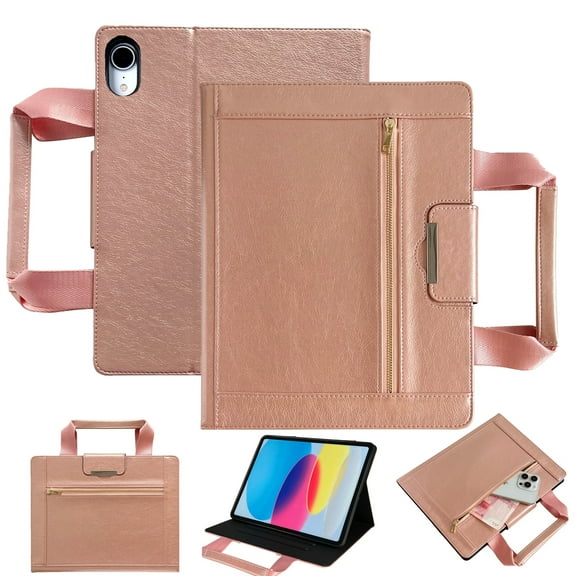 Handbag Style Universal Folio Case for iPad Pro 11" (1st/2nd/3rd/4th Gen) / iPad Air 10.9" 4th/5th Gen with Handle, Card Slots, Zippered Pocket, Auto Sleep Wake, PU Leather Protective Cover, Rosegold