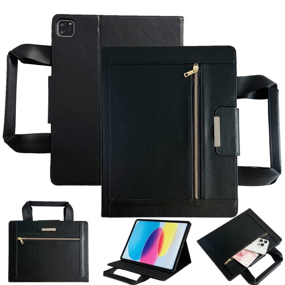 Handbag Style Universal Folio Case for iPad Pro 11" (1st/2nd/3rd/4th Gen) / iPad Air 10.9" (4th/5th Gen) with Handle, Card Slots, Zippered Pocket, Auto Sleep Wake, PU Leather Protective Cover, Black
