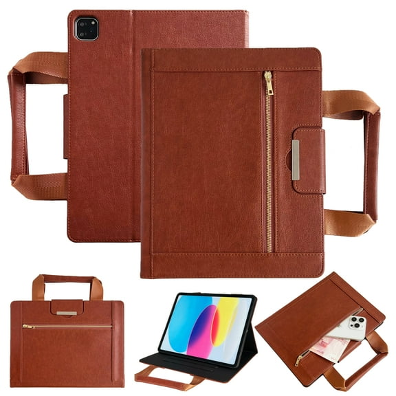 TECH CIRCLE Handbag Style Smart Folio Case for iPad Pro 11" (M4/M5) with Handle, Card Slots, Zippered Pocket, Auto Sleep Wake, Stand, PU Leather Protective Cover, Brown