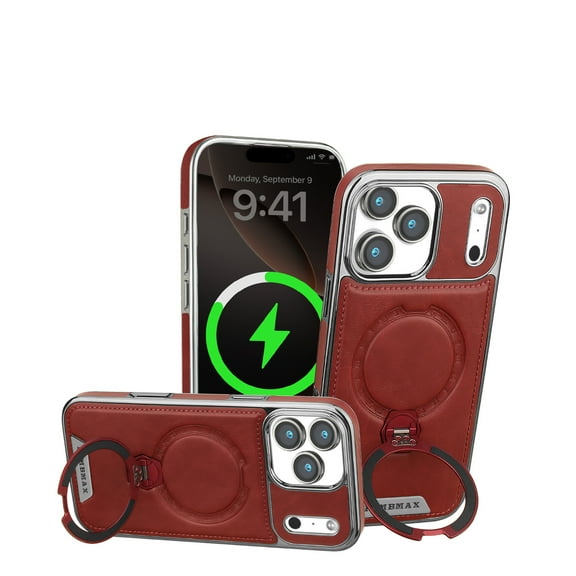 TECH CIRCLE Magnetic Case for iPhone 17, PU Leather Kickstand Back Cover, Flexible PC+TPU Protective Shell with Anti-Scratch, Anti-Fingerprint, Shock-Absorbent Magnetic Ring Holder,Red