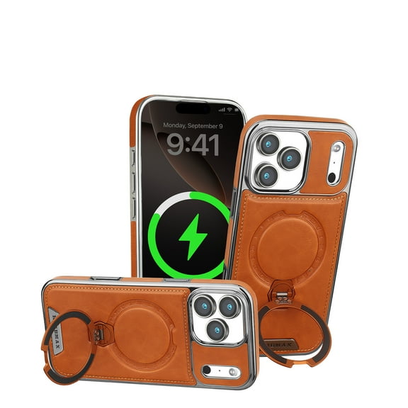 TECH CIRCLE Magnetic Case for iPhone 17 Pro, PU Leather Kickstand Back Cover, Flexible PC+TPU Protective Shell with Anti-Scratch, Anti-Fingerprint, Shock-Absorbent Magnetic Ring Holder,Brown