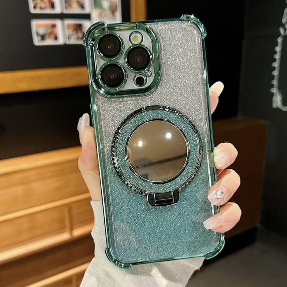 TECH CIRCLE Magnetic Kickstand Glitter Case for iPhone 16 Pro Max,Bling Sparkly Camera Protector Makeup Mirror Women Girls Case for iPhone 16 Pro Max 6.9" 2024,Green