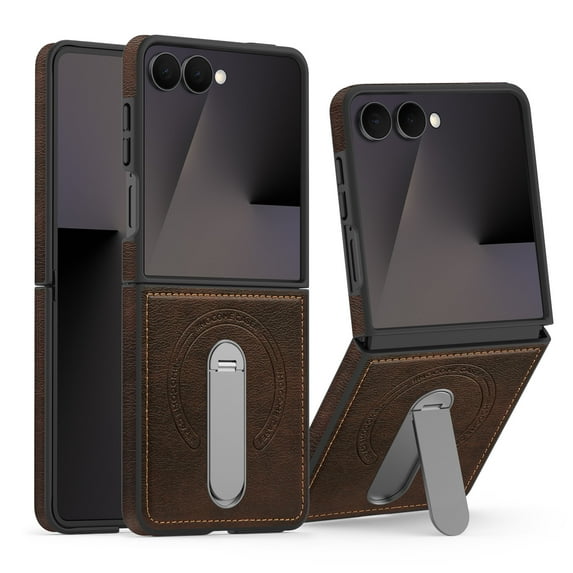 TECH CIRCLE Magnetic Phone Case for Galaxy Z Flip 5 with Kickstand, Compatible with MagSafe, Wireless Charging, Hands-Free Viewing, Shockproof, Anti-Scratch, Protective PU Leather Slim Case, Coffee