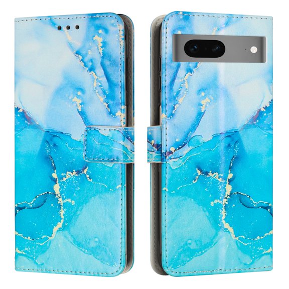 TECH CIRCLE Marble Case for Google Pixel 8 Pro, Stylish Chic Marble Pattern Shockproof PU Leather Folio Flip Hand Wrist Cards Slots Wallet Case Cover for Google Pixel 8 Pro 2023 - Blue