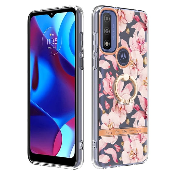 TECH CIRCLE For Moto Edge 20 Case,360 Rotatable Flower Pattern Shiny Ring Holder Kickstand Soft TPU Girls Women Case Shockproof Protective Phone Case for Motorola Moto Edge 20 2021 6.7",Pink