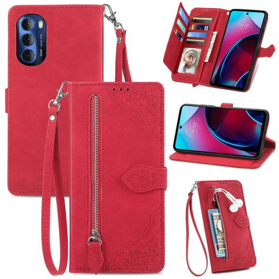 TECH CIRCLE Moto G Play 2023 Wallet Case,Embossed Flower PU Leather Folio Flip Protective Zipper Cover with Wrist Strap RFID Blocking Card Holder Kickstand Case for Moto G Play 2023 6.5",Red