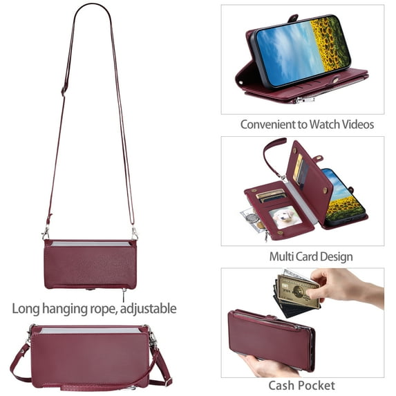 TECH CIRCLE for Moto G Play Case 6.5" 2024 Release, Classic Flip Wallet Case with Card Slots & Cash Pocket & Zipper Pocket, PU Leather Protective Fold Cover with Shoulder Strap & Lanyard, Winered