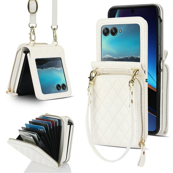 TECH CIRCLE for Moto Razr Plus/Razr 40 ultra 2023 Case,Wallet Crossbody Cute Case with Card Holder Slot, Zipper Handbag Strap Lanyard Wrist Leather Case for Women Girl Shockproof Bumper Cover, White