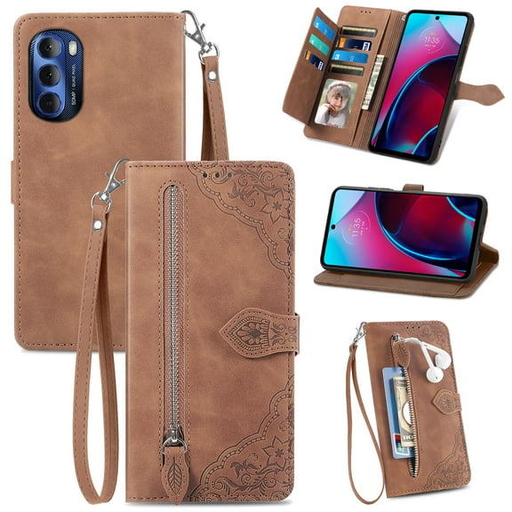 TECH CIRCLE For Motorola Edge 30 Wallet Case,Embossed Flower PU Leather Folio Flip Protective Zipper Wrist Strap RFID Blocking Card Holder Stand Case for Moto Edge 30 6.5" 2022,Brown
