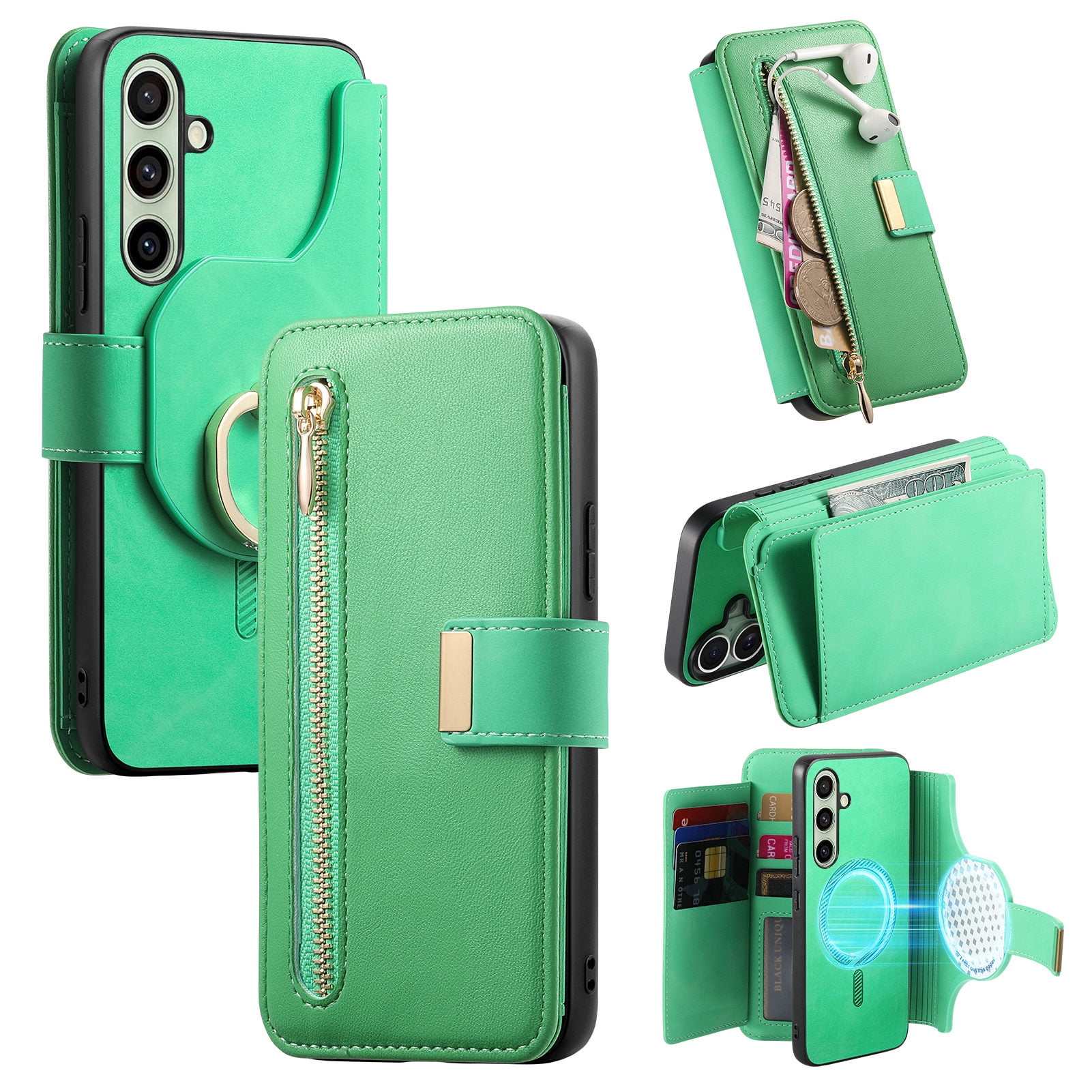 TECH CIRCLE for Motorola Moto G 5G (2024) Phone Case 6.6", Magnetic Back Cover with Removable Flip Wallet Case, with Card Slots/Pocket/Ring Holder Grip, Compatible with MagSafe, PU Leather Case, Green