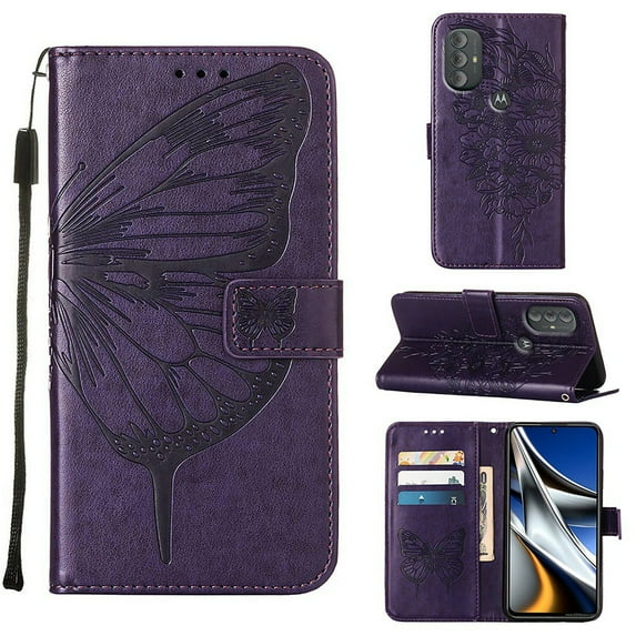 TECH CIRCLE for Motorola Moto G Power 2022 Wallet Case, Embossed Butterfly PU Leather Credit Card Holder Slots Full Body Protection Kickstand Flip Folio Shockproof TPU Phone Cover,Purple