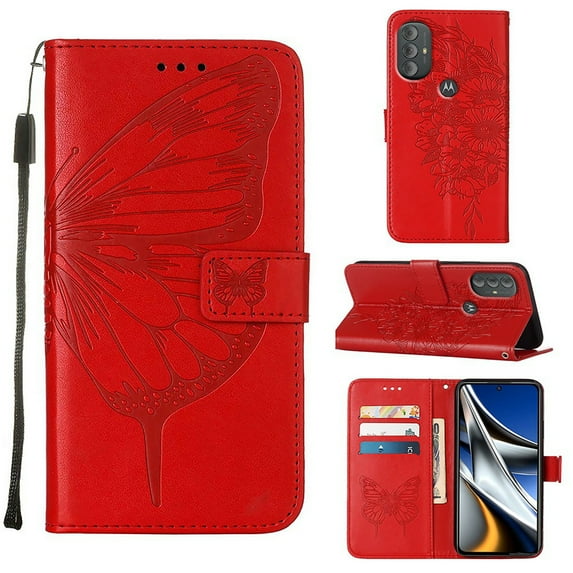 TECH CIRCLE for Motorola Moto G Power 2022 Wallet Case, Embossed Butterfly PU Leather Credit Card Holder Slots Full Body Protection Kickstand Flip Folio Shockproof TPU Phone Cover,Red