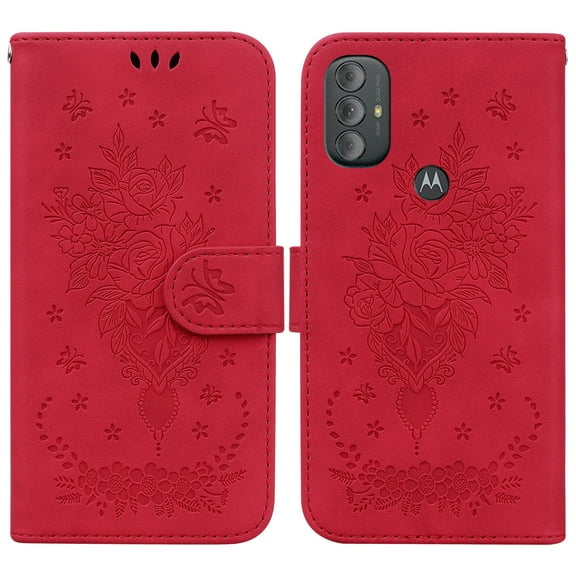 TECH CIRCLE Motorola Moto G Power 2022 Wallet Case,Embossed Premium PU Leather Magnetic Handbag Pocket Card Slots with Wrist Strap Flip Kickstand Shockproof Case for Motorola Moto G Power 2022,Red