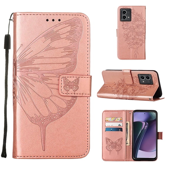 TECH CIRCLE for Motorola Moto G Stylus 5G (2023) Wallet Case, Embossed Butterfly PU Leather Credit Card Holder Slots Full Body Protection Kickstand Flip Folio Shockproof TPU Phone Cover,Rosegold