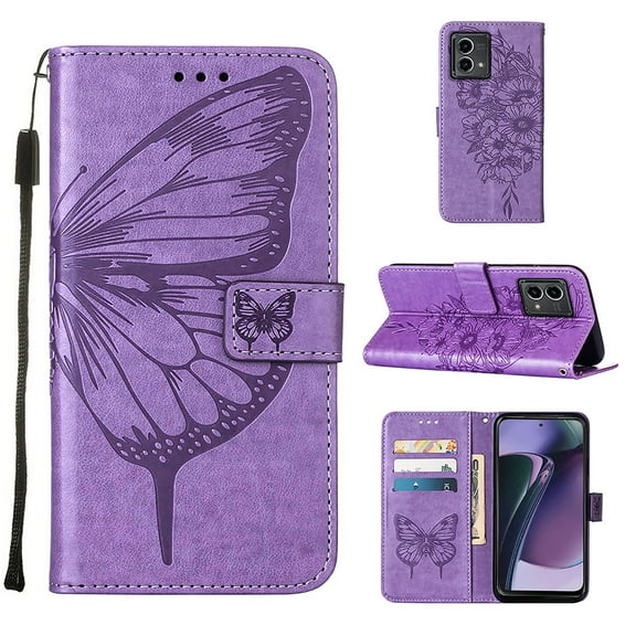 TECH CIRCLE for Motorola Moto G Stylus 5G (2023) Wallet Case, Embossed Butterfly PU Leather Credit Card Holder Slots Full Body Protection Kickstand Flip Folio Shockproof TPU Phone Cover,Lightpurple
