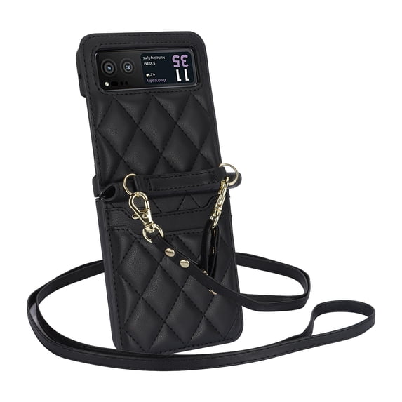 TECH CIRCLE for Motorola Razr 40 / Moto Razr 2023 Wallet Case, PU Leather Protective Cover Card Slot Shoulder Wristlet Strap Hinge Protection Carrying Handbag Case for Women Ladies,Black