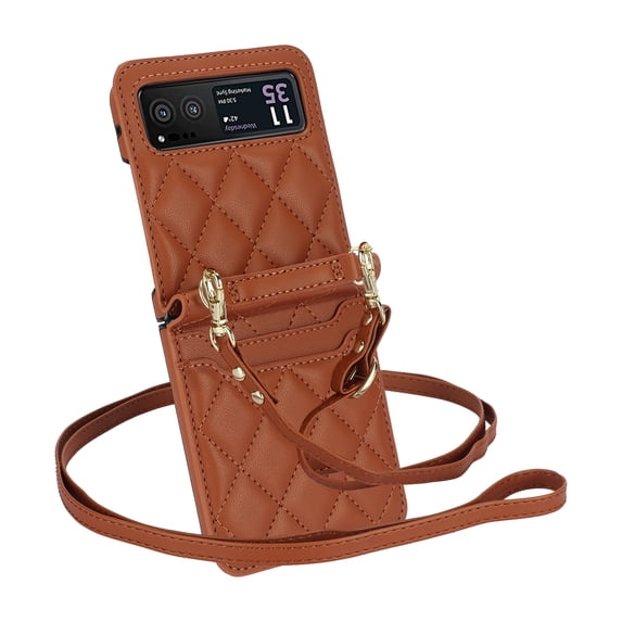 TECH CIRCLE for Motorola Razr 40 / Moto Razr 2023 Wallet Case, PU Leather Protective Cover Card Slot Shoulder Wristlet Strap Hinge Protection Carrying Handbag Case for Women Ladies,Brown