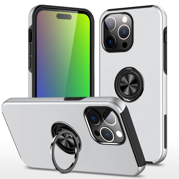 TECH CIRCLE Multifunctional Case for iPhone 15 Pro (2023) 6.1" - Durable Silicone Hard Plastic Dual Layer Protection Case with [Kickstand /Phone Ring Holder] Shockproof Rugged Cover Shell, Silver