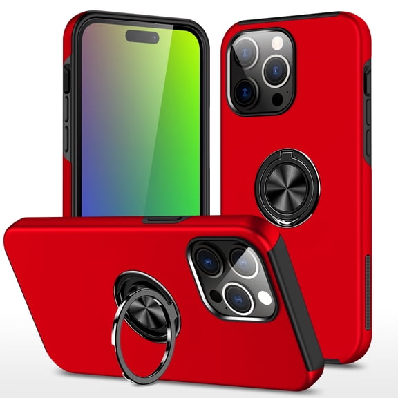 TECH CIRCLE Multifunctional Case for iPhone 15 Pro (2023) 6.1" - Durable Silicone Hard Plastic Dual Layer Protection Case with [Kickstand /Phone Ring Holder] Shockproof Rugged Cover Shell, Red